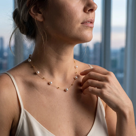 Pearl bead chain necklace worn, front view