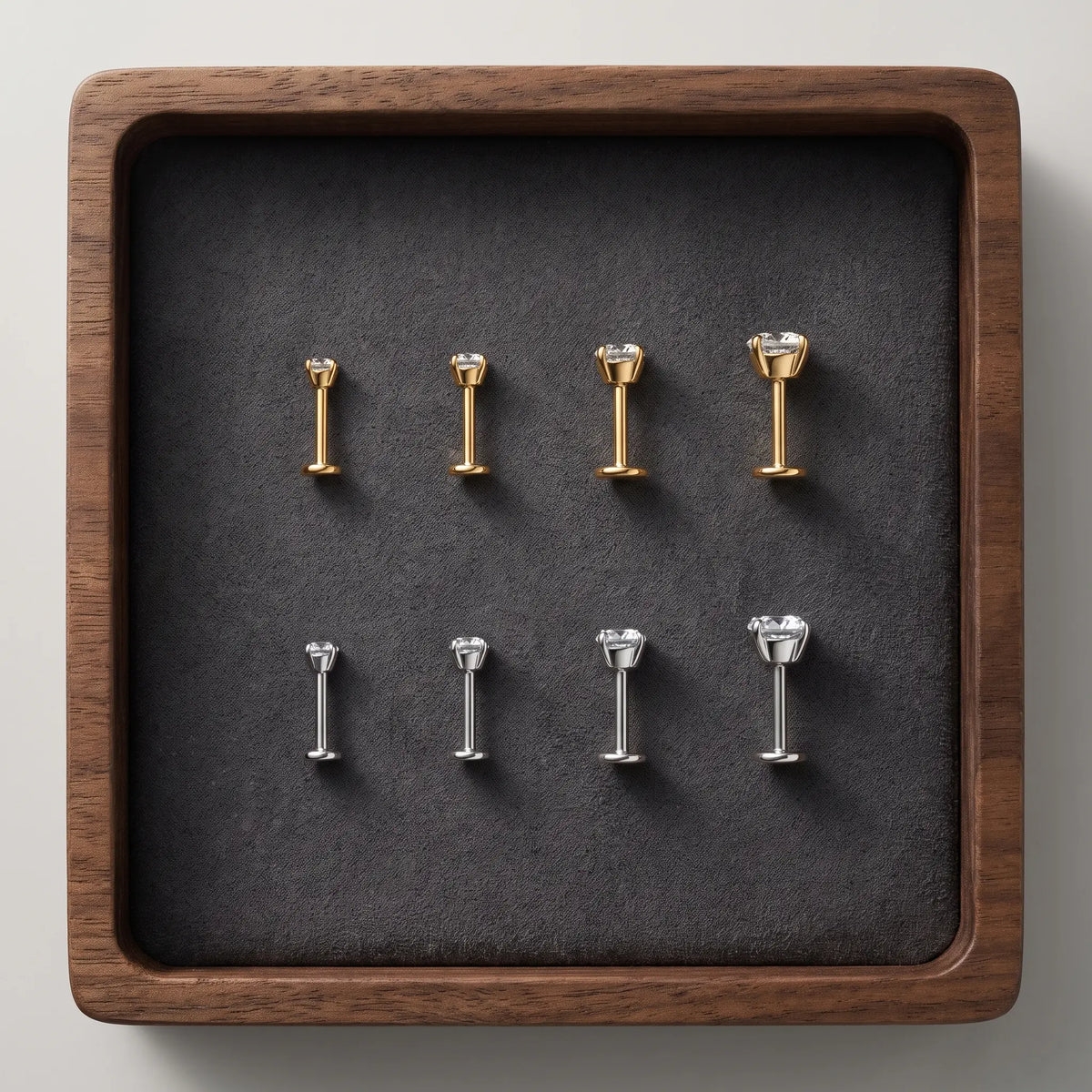Flat-back studs in four stone sizes, gold and silver