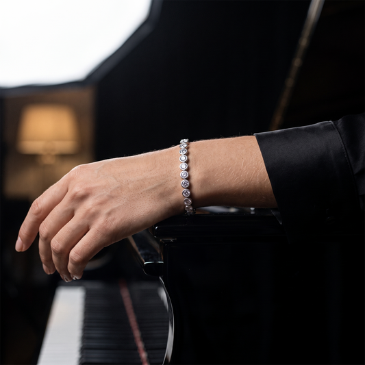 Bezel CZ tennis bracelet worn, front view