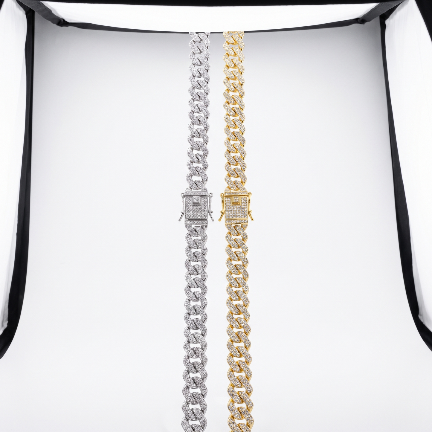 Iced Out 14MM Cuban Link Chain shown in silver and gold finishes