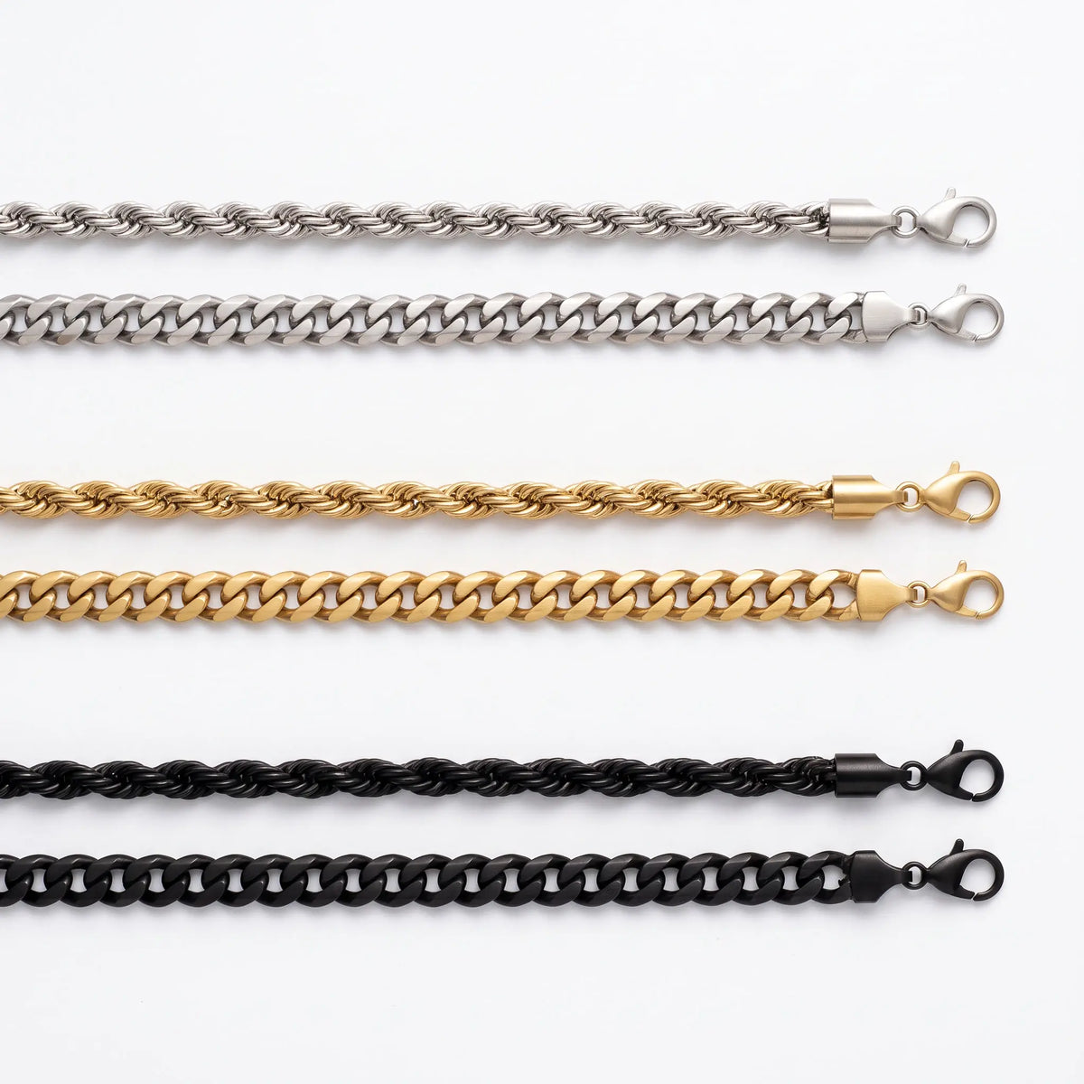 Rope and curb bracelet set shown in silver, gold, black