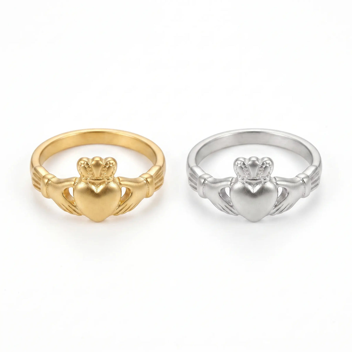 Claddagh ring shown in gold and silver