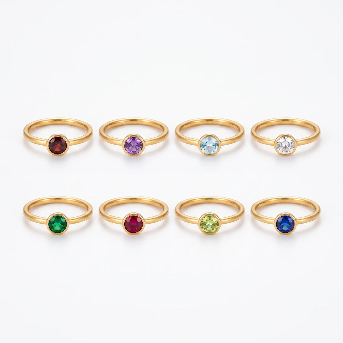 Birthstone ring shown in eight stone colors