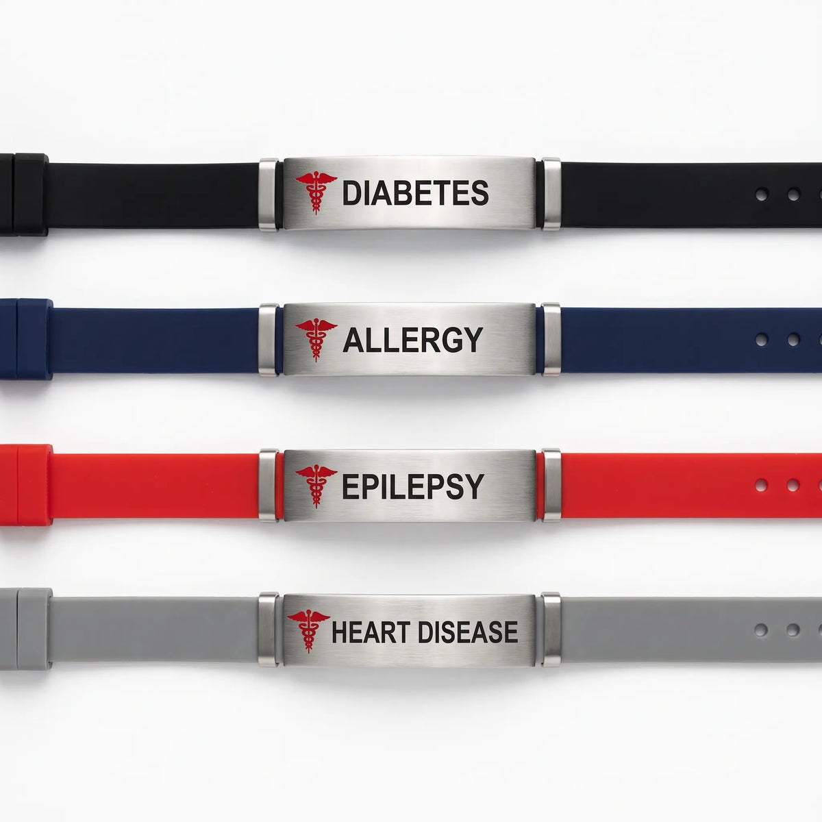 Medical alert bracelet shown in black, navy, red, grey
