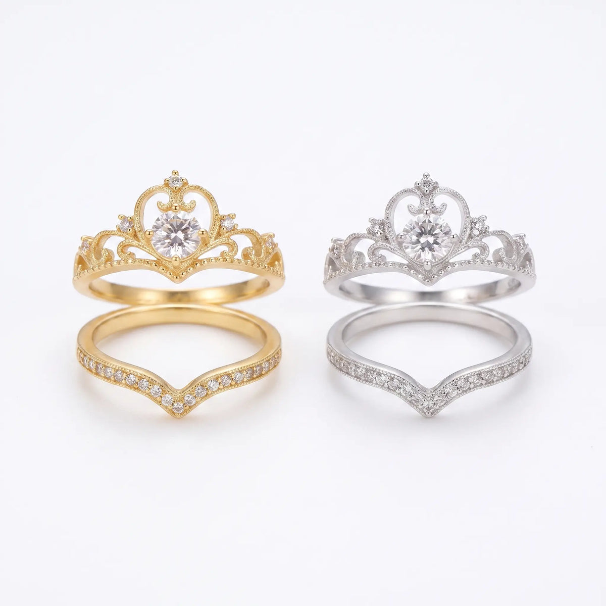 Crown ring set shown in gold and silver