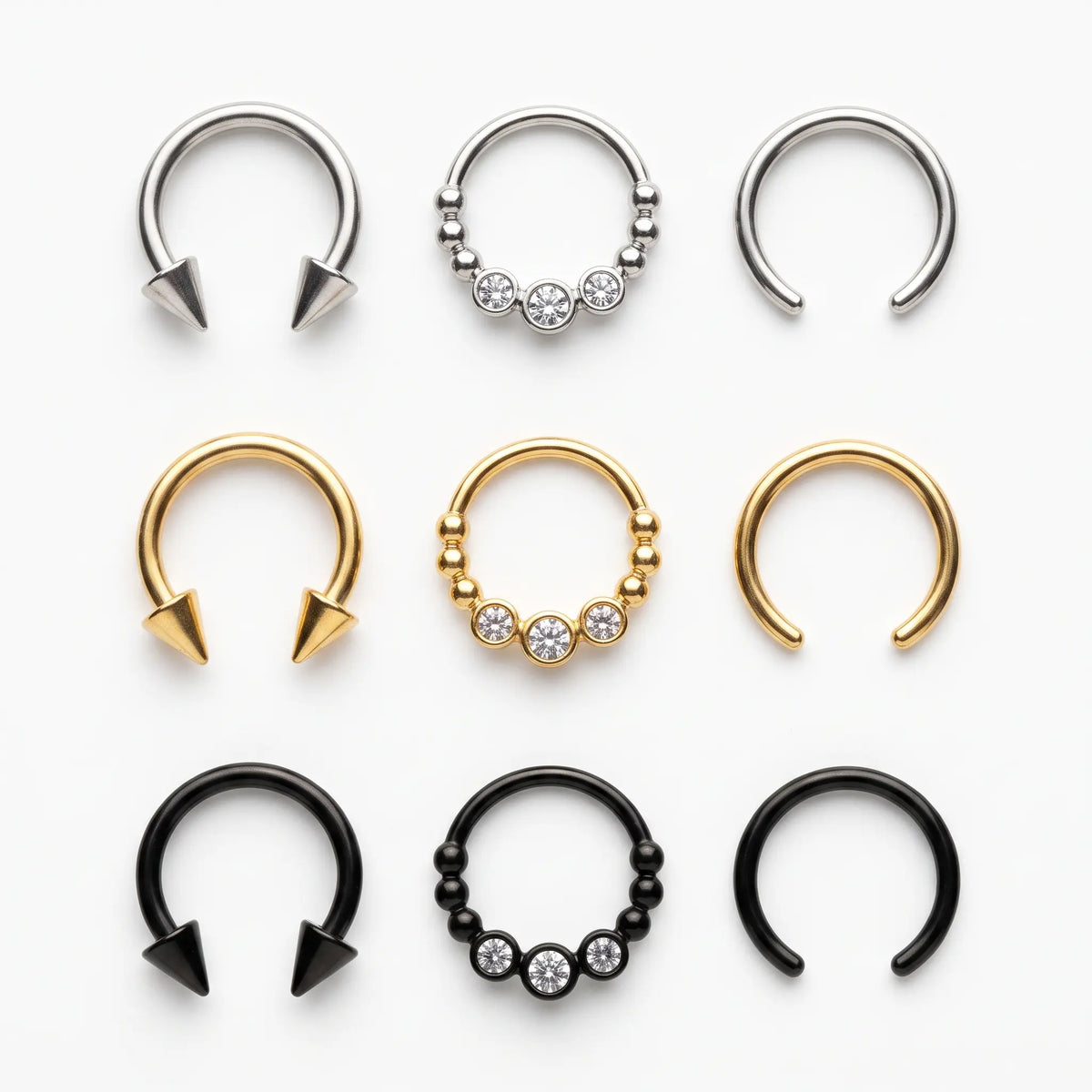 Horseshoe septum sets in silver, gold and black