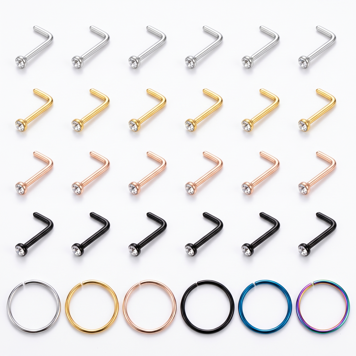 Full nose jewelry pack laid out in a grid