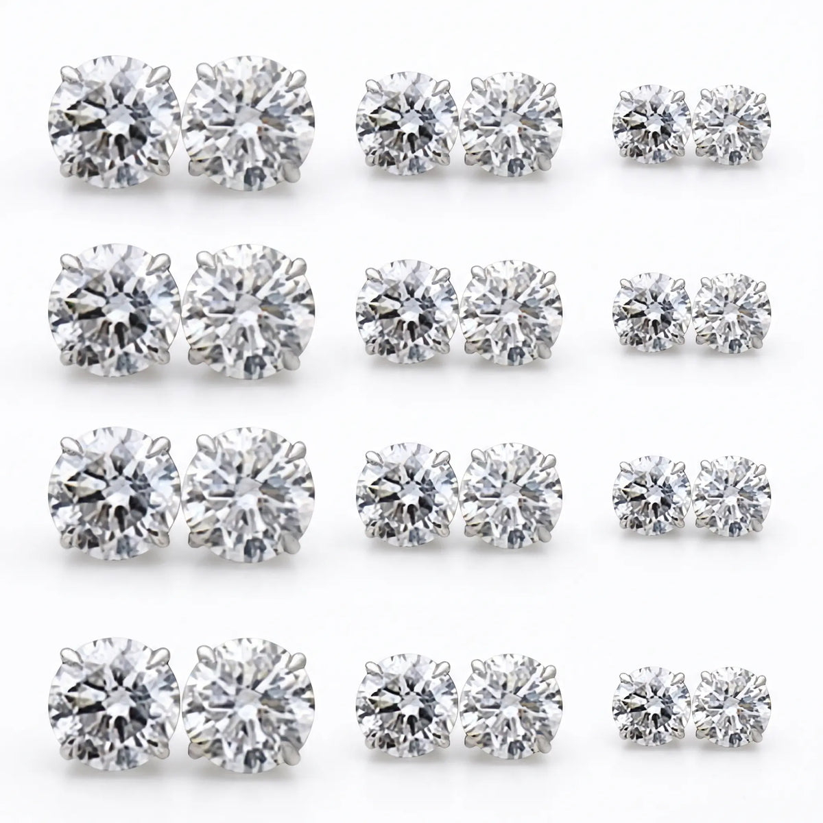 Zircon stud set shown as all twelve pairs by size