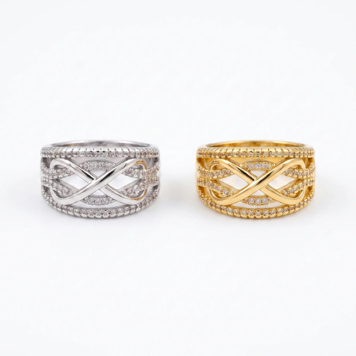 Infinity ring shown in silver and gold
