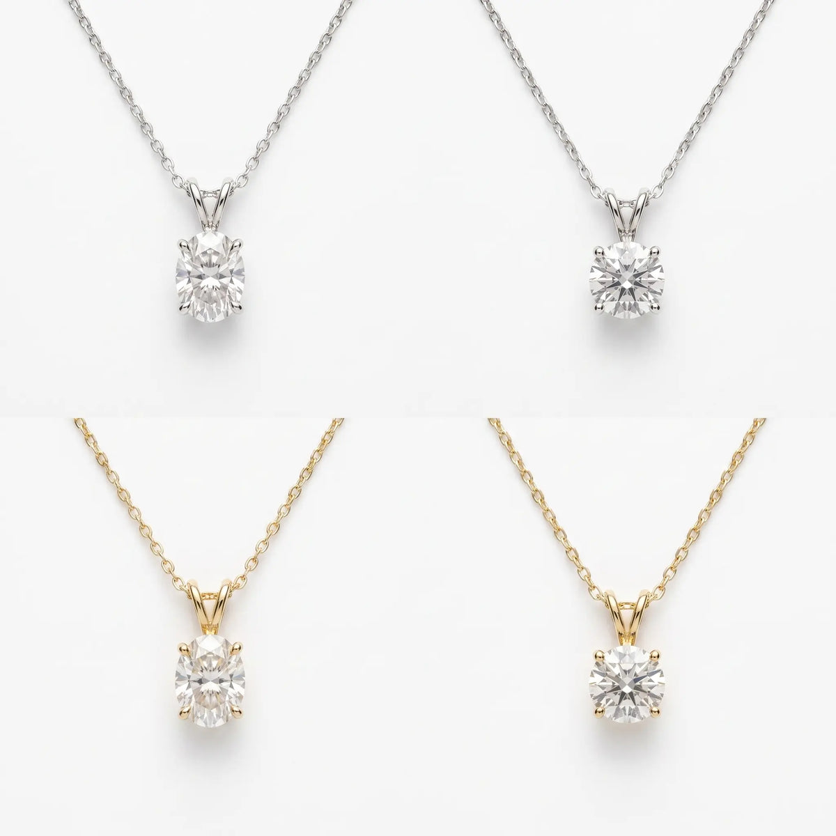 Moissanite pendant shown in oval and round, white and yellow gold