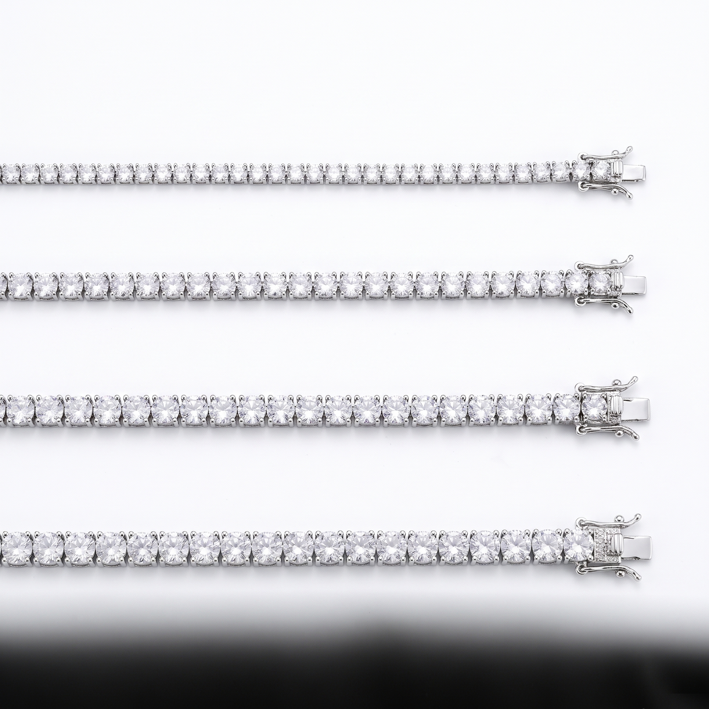 Tennis chain shown in 3mm, 4mm, 5mm, 6mm