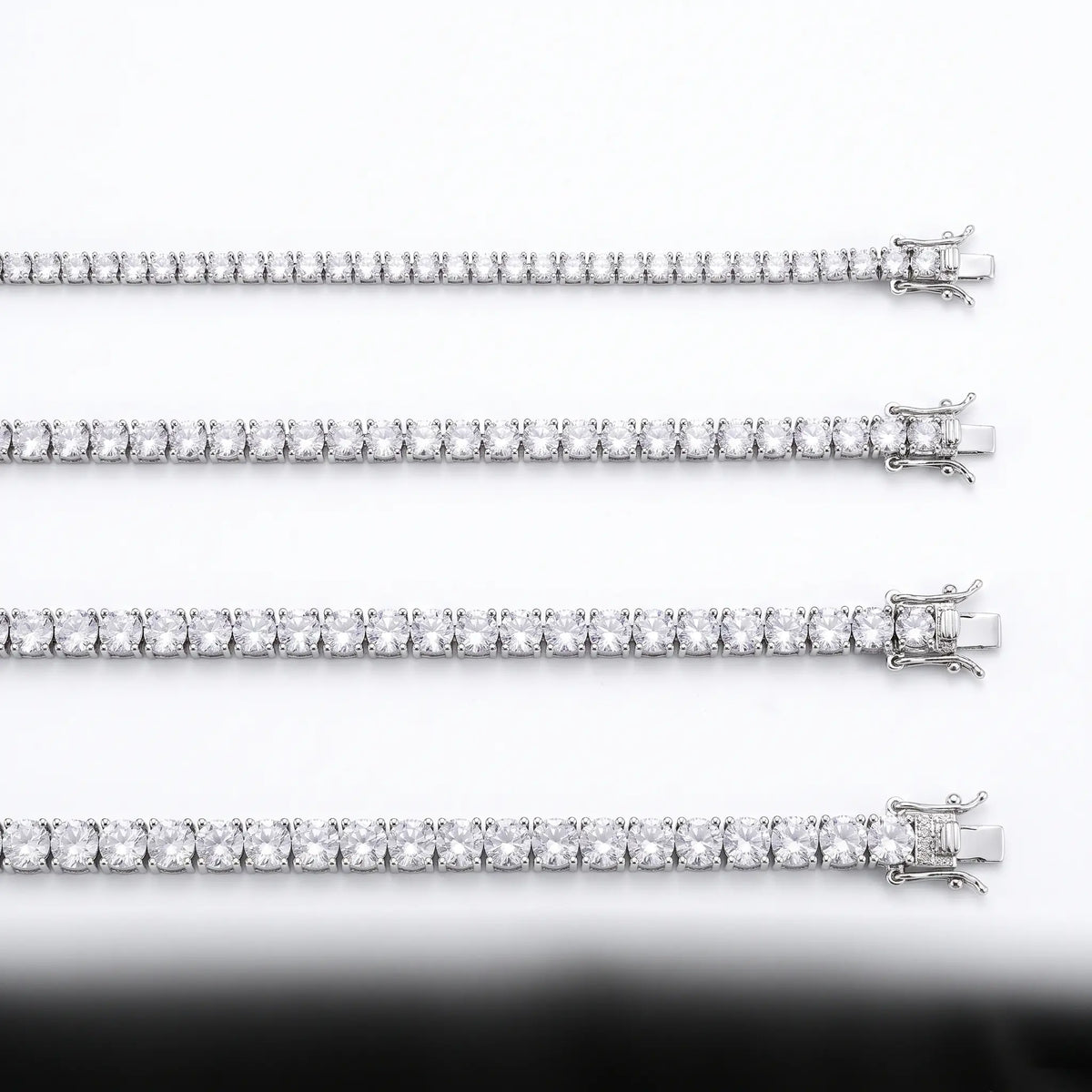 Tennis chain shown in 3mm, 4mm, 5mm, 6mm