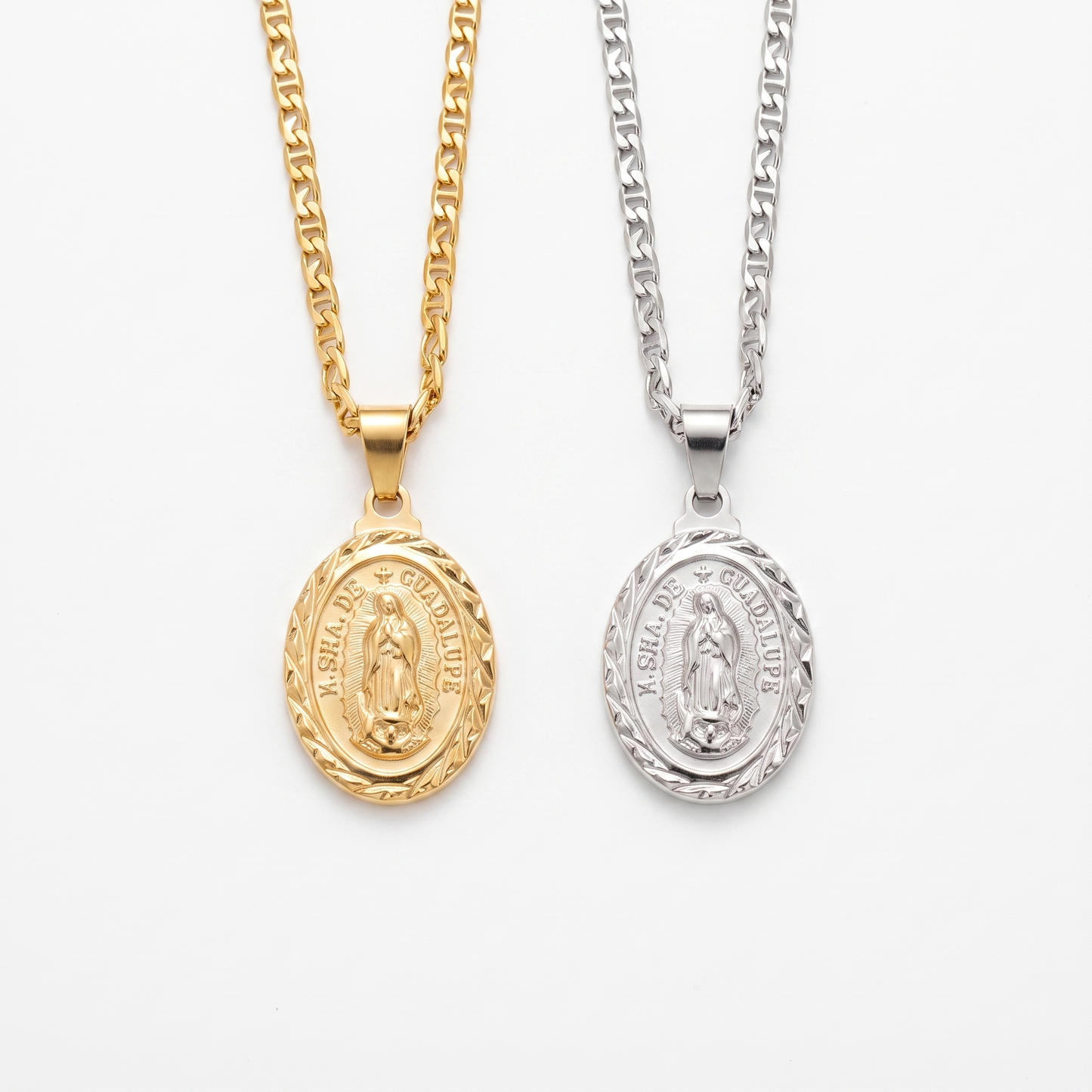 Virgin Mary pendant shown in gold and silver