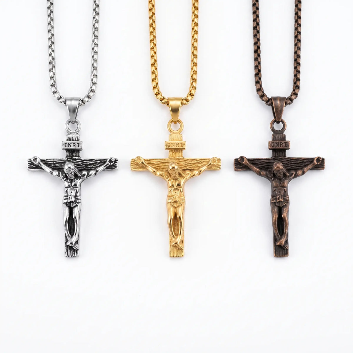 Crucifix necklace shown in silver, gold, brown