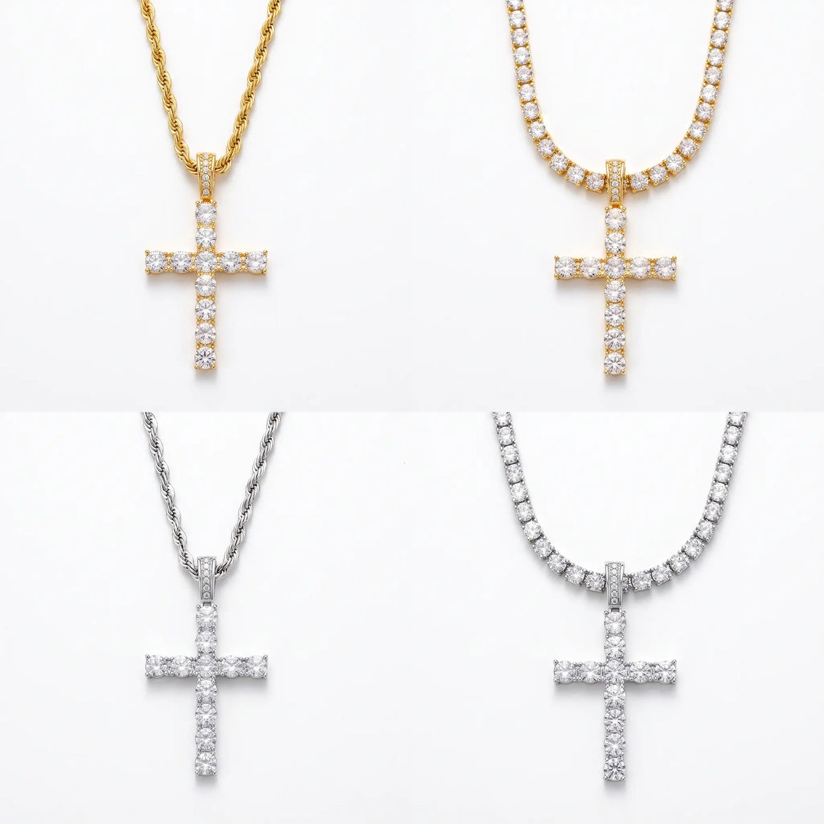Iced cross tennis chain shown in silver and gold