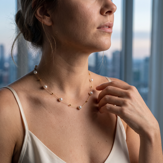 Pearl bead chain necklace worn, front view