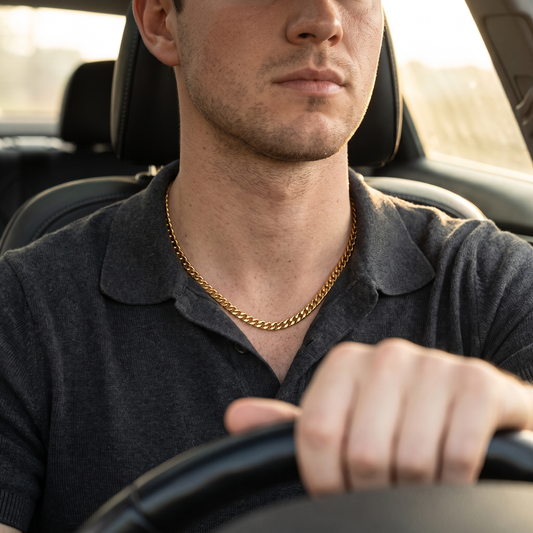 Gold curb chain necklace worn, second angle
