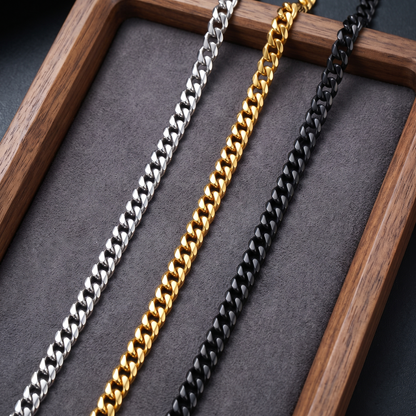 Curb chain shown in silver, gold and black finishes