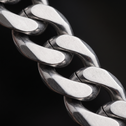 Close-up of the flat beveled Cuban links