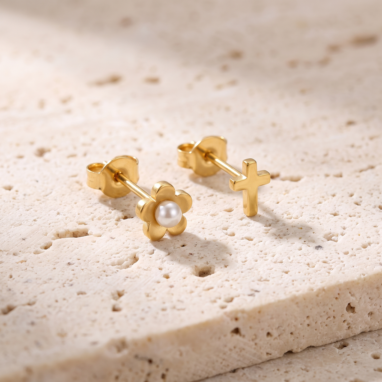 Flower and cross pearl stud earrings product shot
