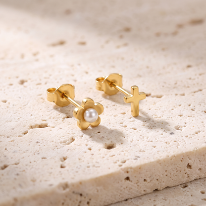 Flower and cross pearl stud earrings product shot