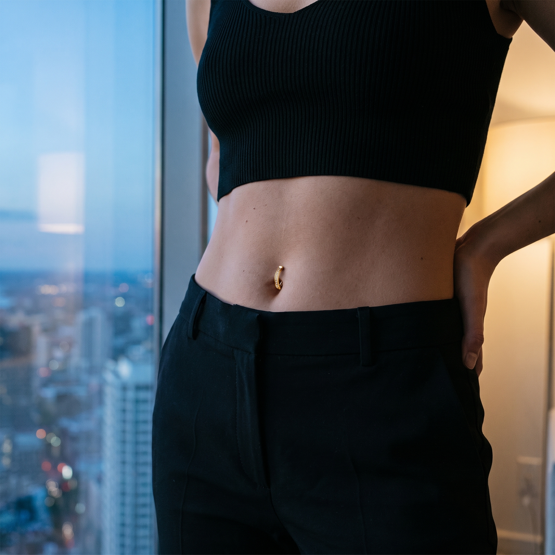 Titanium CZ belly ring worn, second angle