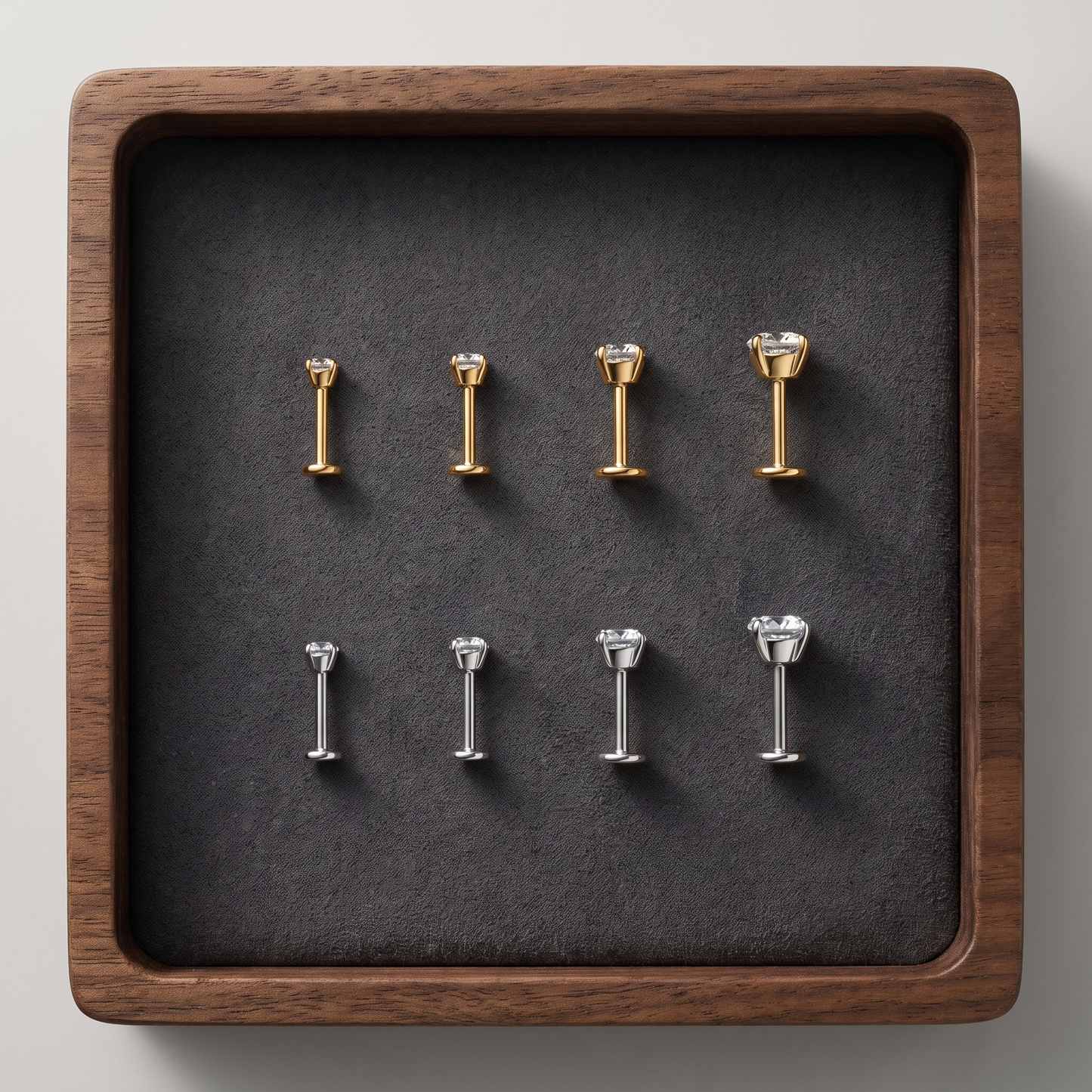 Flat-back studs in four stone sizes, gold and silver