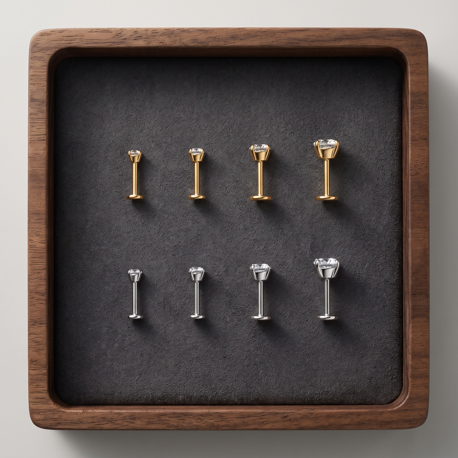 Flat-back studs in four stone sizes, gold and silver