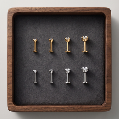 Flat-back studs in four stone sizes, gold and silver