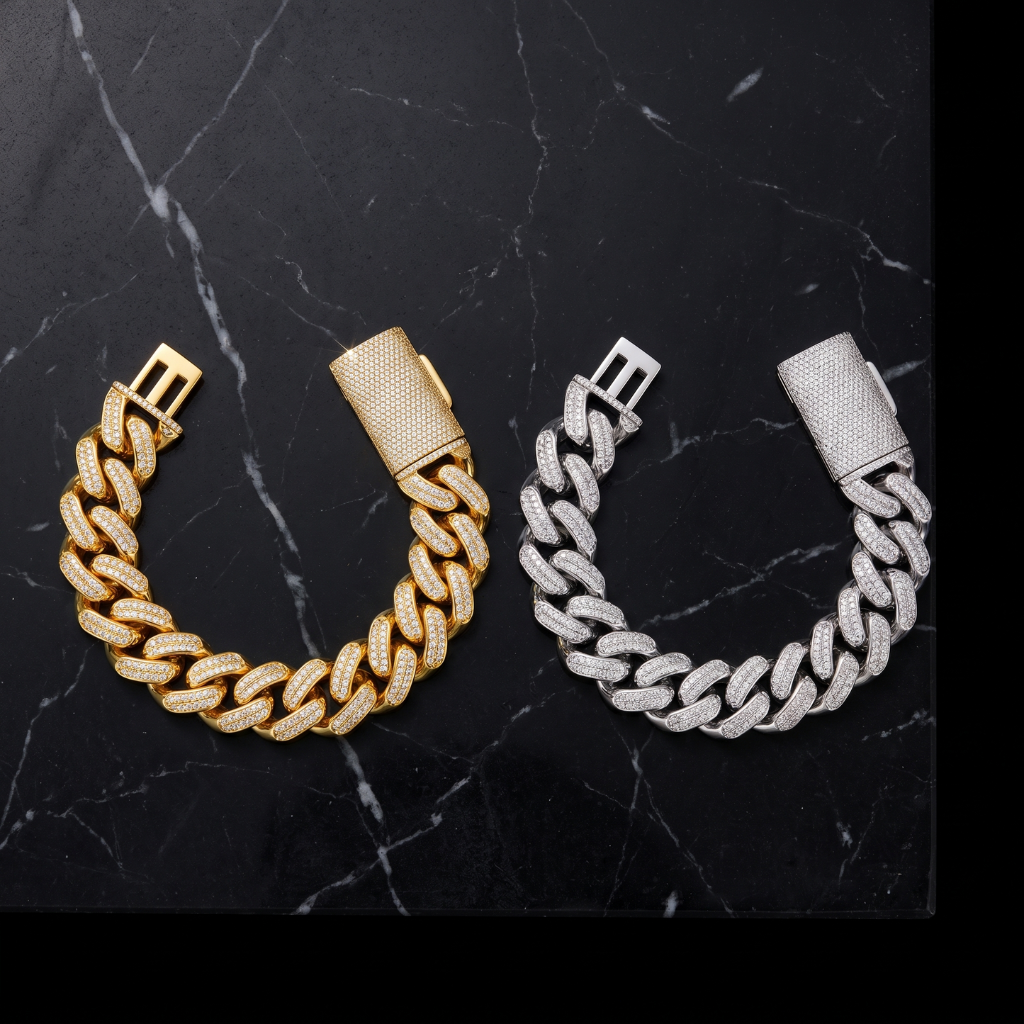 Rhombus iced Cuban bracelet shown in gold and silver