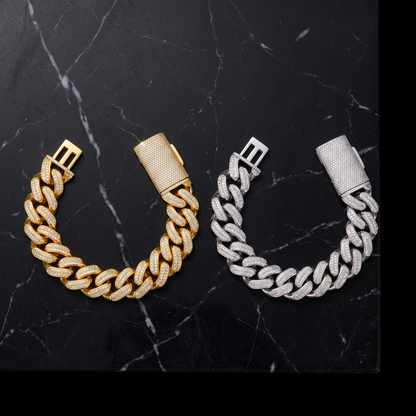 Rhombus iced Cuban bracelet shown in gold and silver