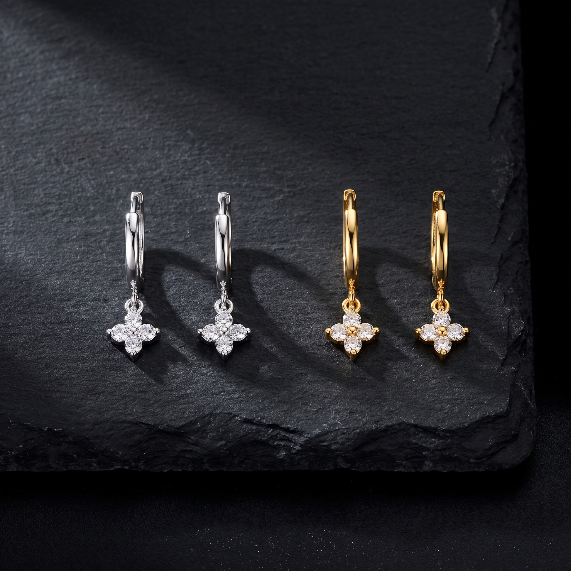 Leaf earrings shown in silver and gold