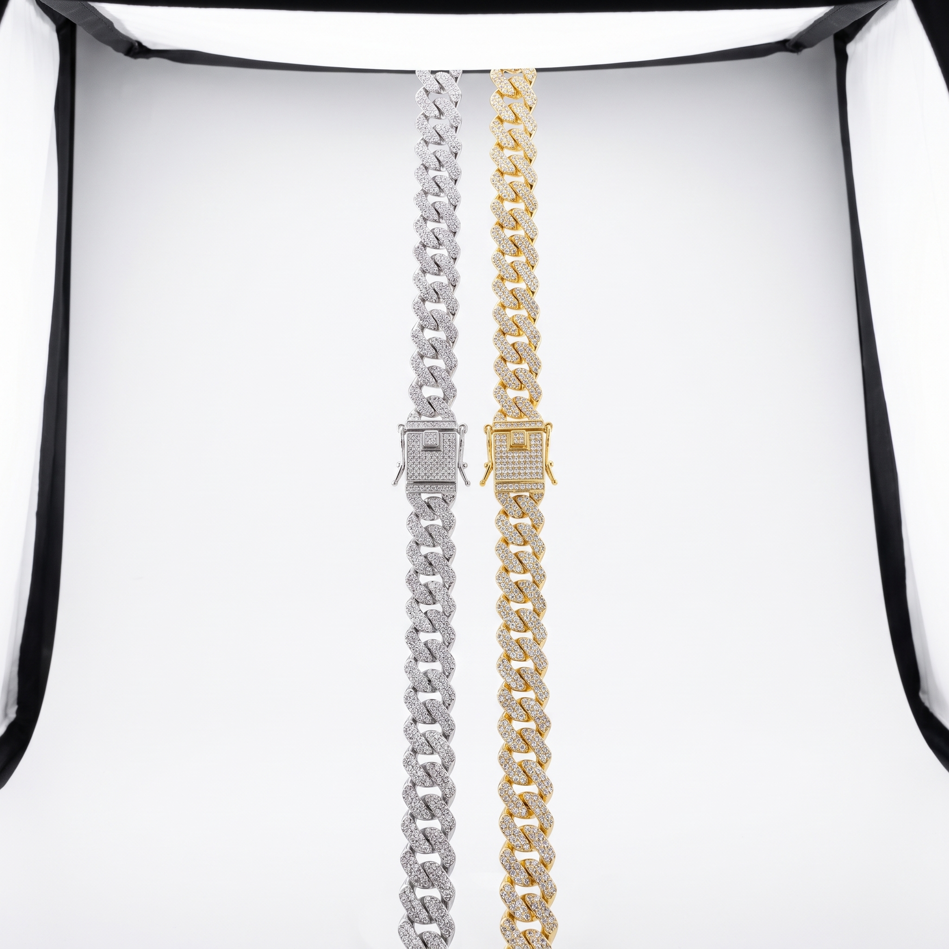 Iced Out 14MM Cuban Link Chain shown in silver and gold finishes
