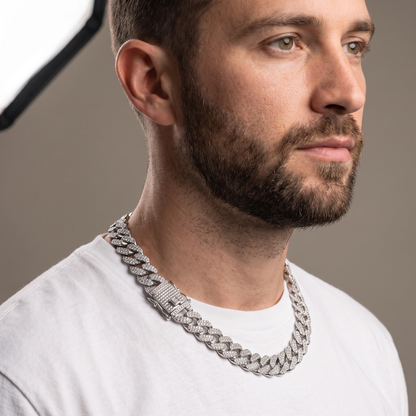 Side profile view of the Iced Out 14MM Cuban chain showing drape and buckle clasp