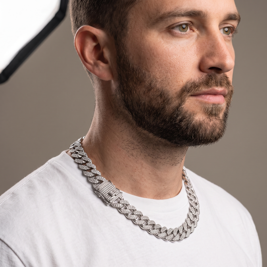 Side profile view of the Iced Out 14MM Cuban chain showing drape and buckle clasp
