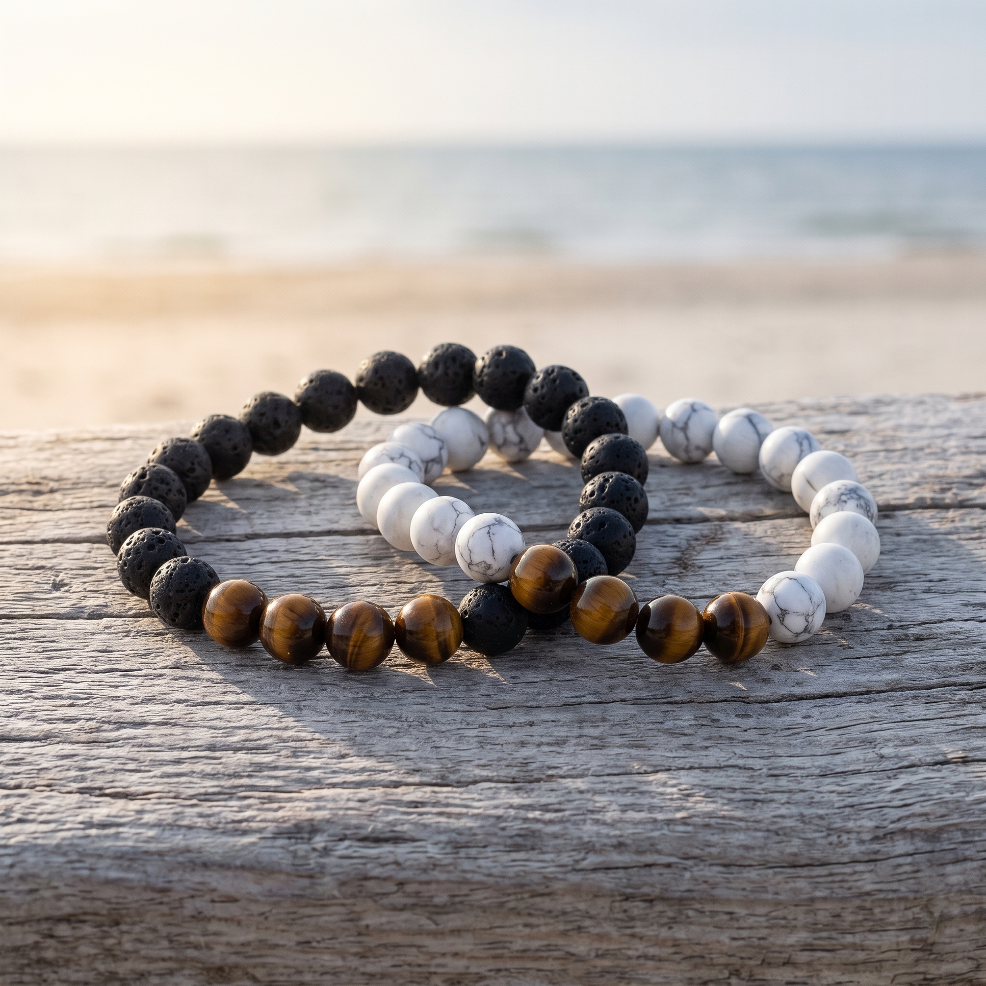 Matching lava and howlite bead bracelets product shot