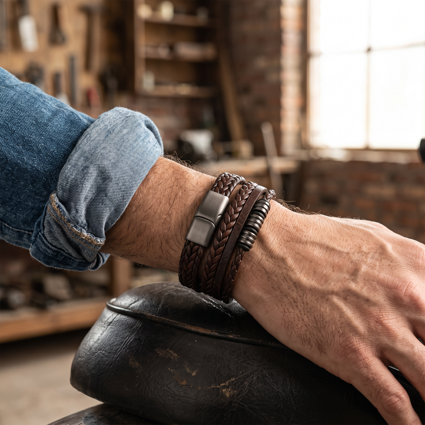 Men's woven leather bracelet worn on the wrist