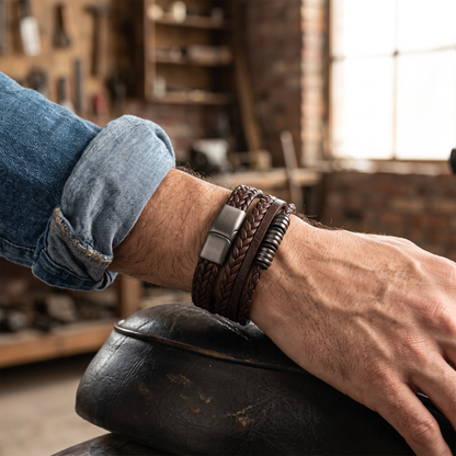 Men's woven leather bracelet worn on the wrist