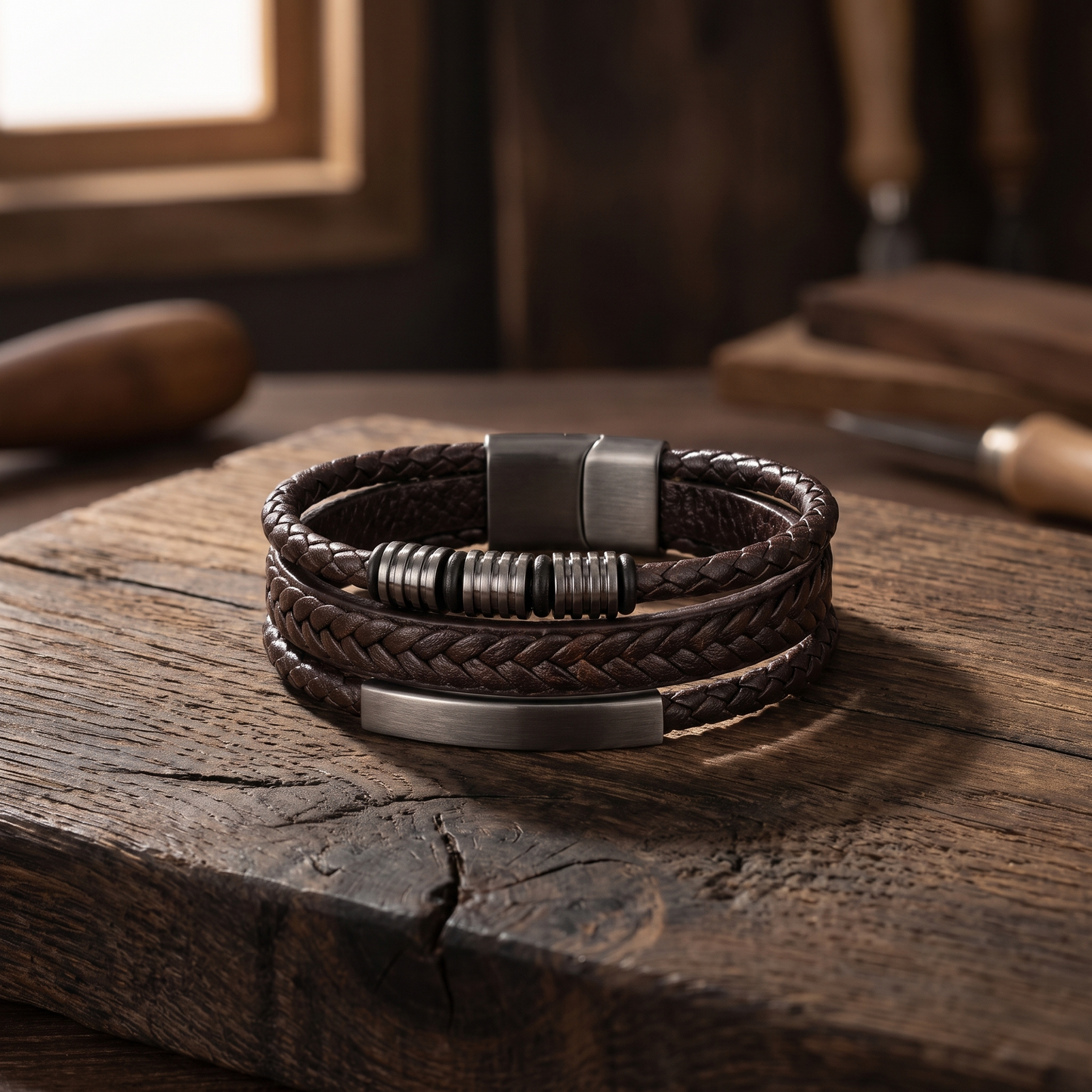 Multi-layer woven leather bracelet product shot