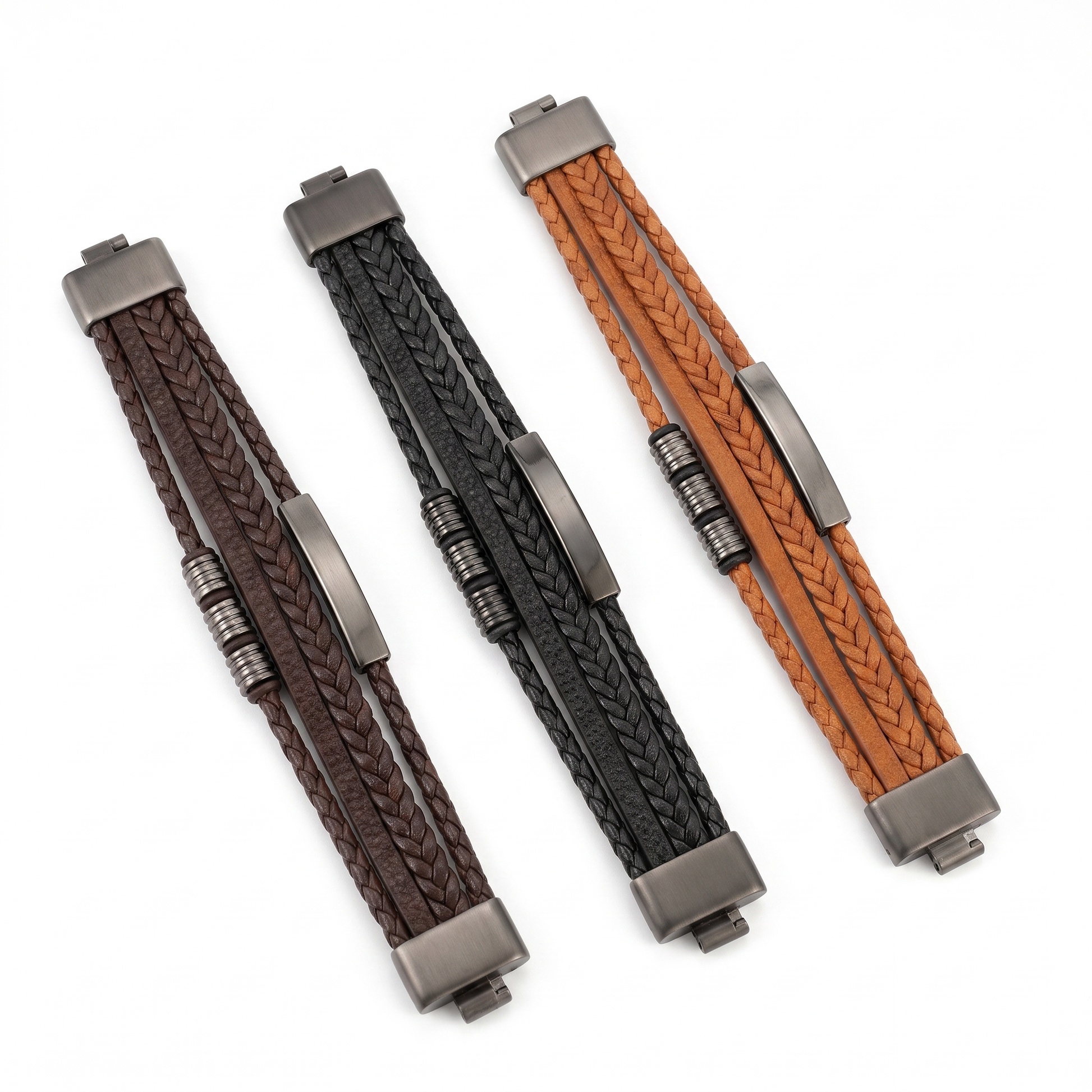 Leather bracelets in brown, black and tan