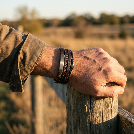 Woven leather bracelet worn outdoors at golden hour