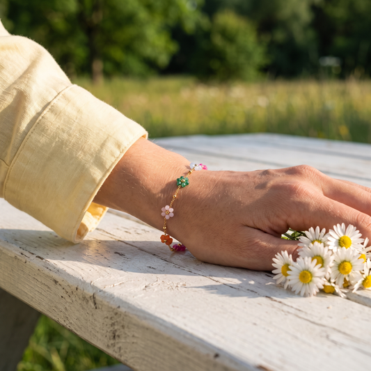 Enamel flower bracelet worn, second angle