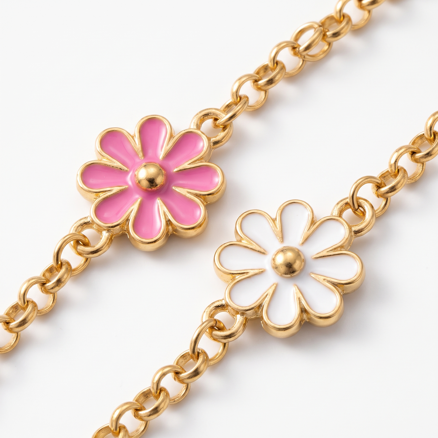 Close-up of enamel flower charms
