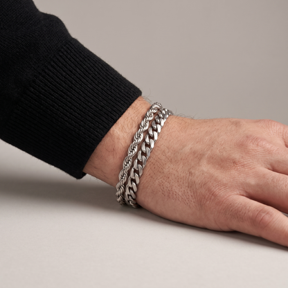 Rope and curb bracelet set worn, second angle