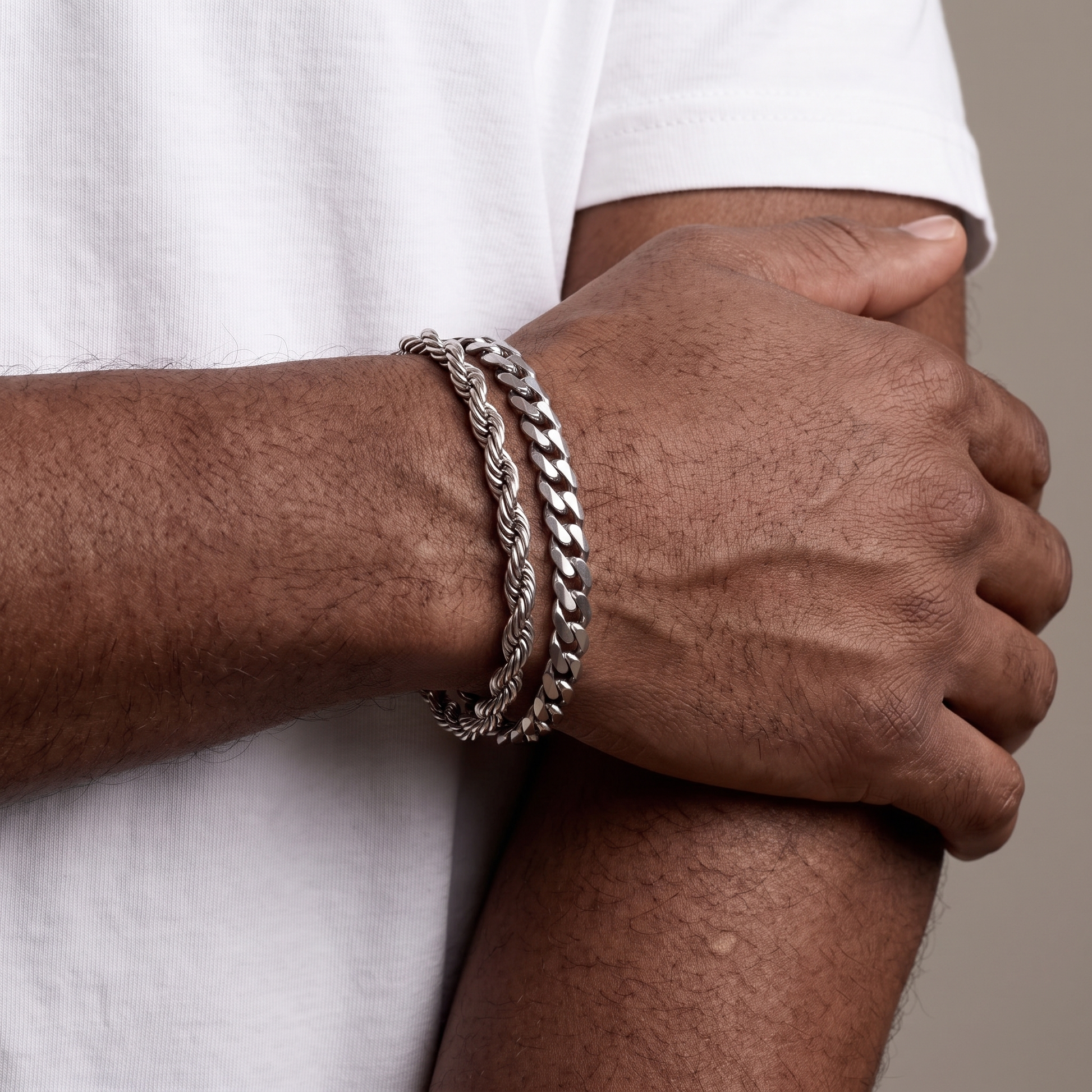 Rope and curb bracelet set worn, front view