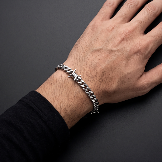 Barbed wire Cuban bracelet worn, second angle