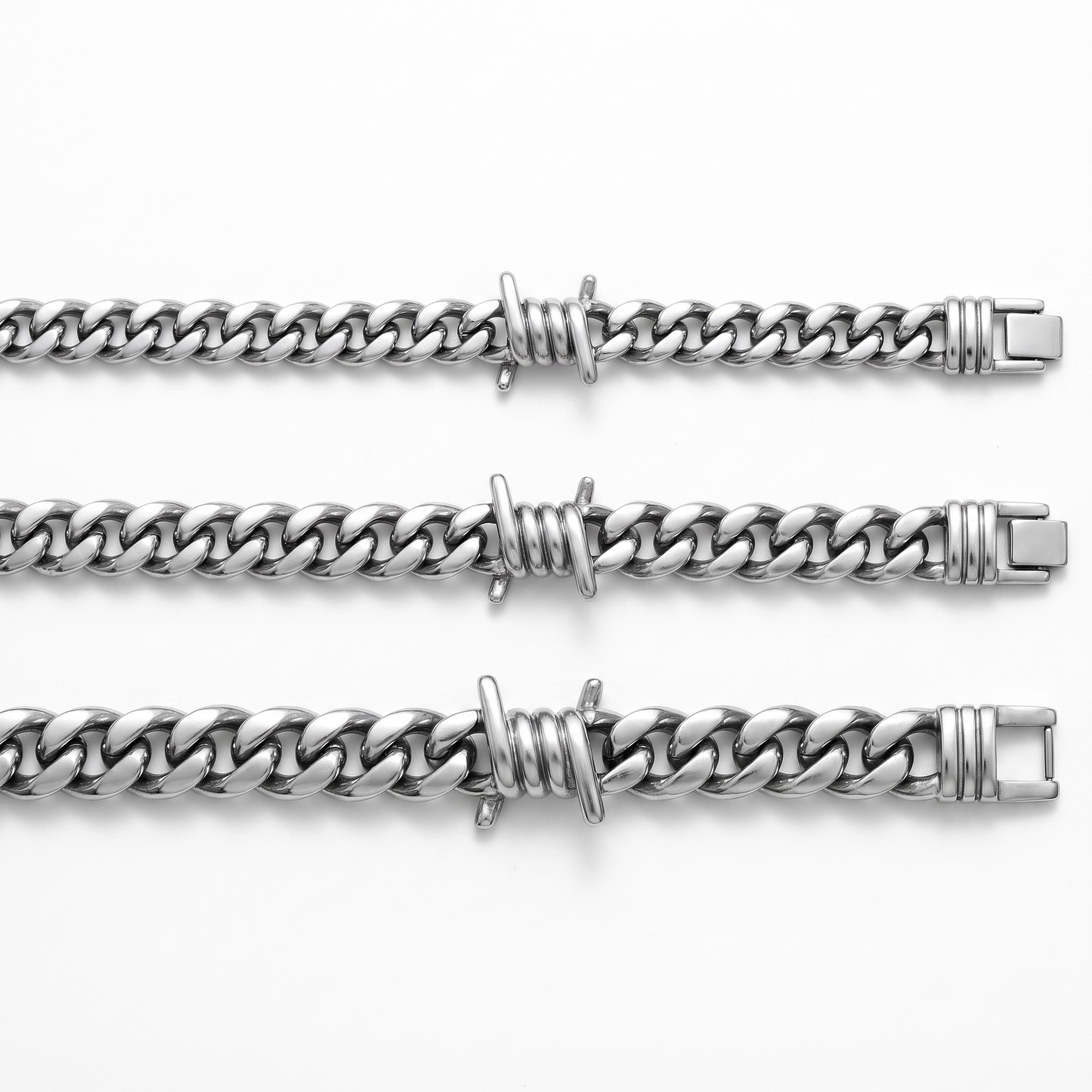 Barbed wire Cuban bracelet shown in 6mm, 8mm, 10mm