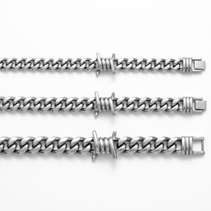 Barbed wire Cuban bracelet shown in 6mm, 8mm, 10mm