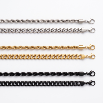 Rope and curb bracelet set shown in silver, gold, black
