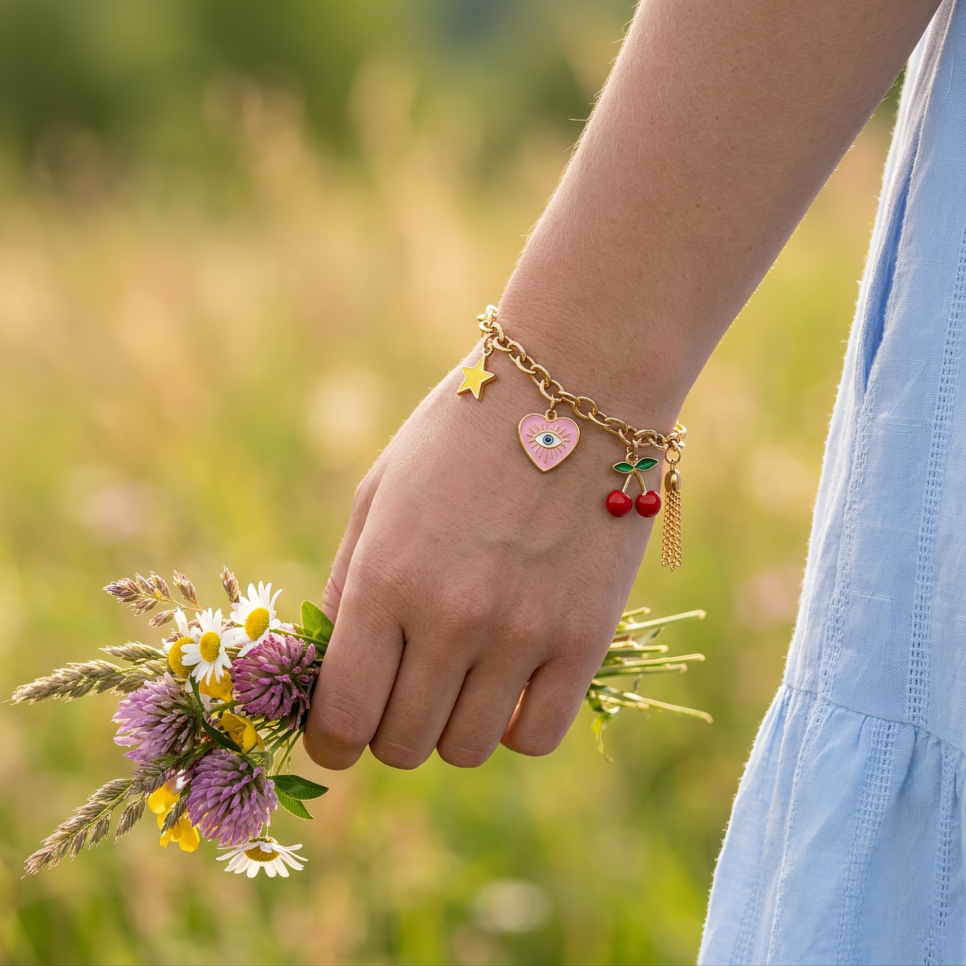 Star heart cherry tassel bracelet worn, second angle